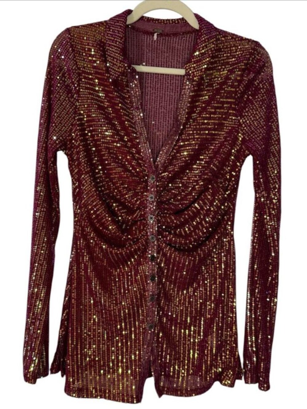 Free People Sequin Shirtee Top In Dark Rhubarb Size Large - Picture 3 of 7